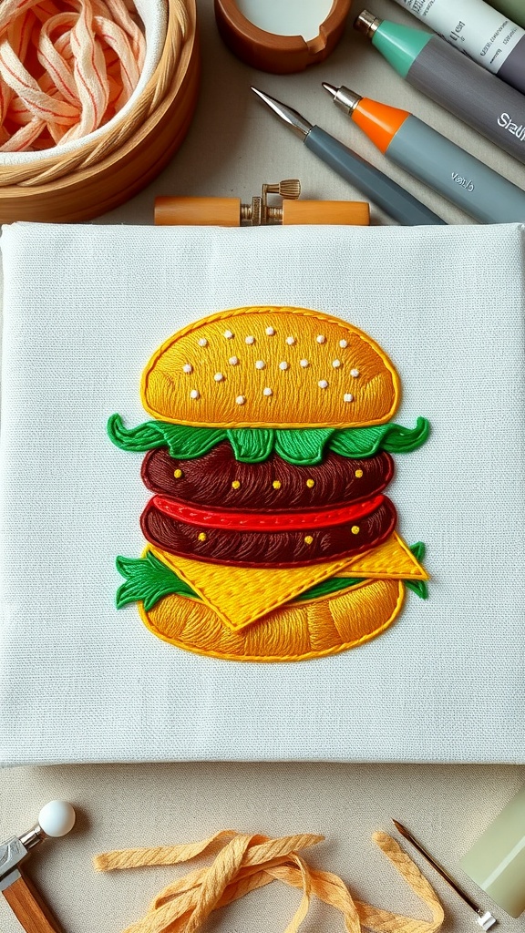 Cute embroidered burger on fabric with colorful toppings.